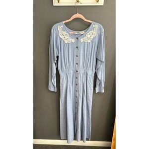 Side Saddle Vintage Western Dress Womens Medium Petite Embroidered Lace Chambray